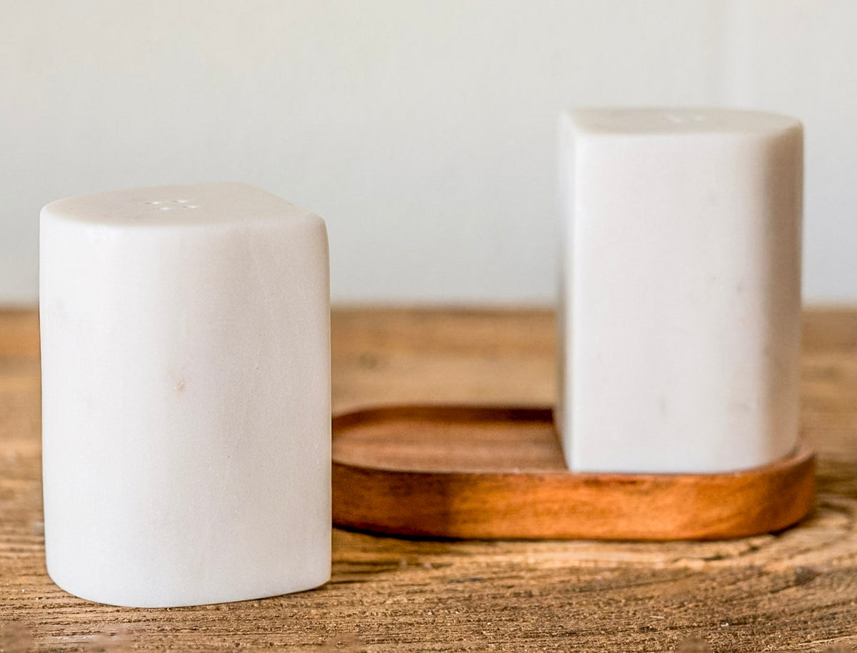 Marble Salt & Pepper Shakers on Acacia Tray