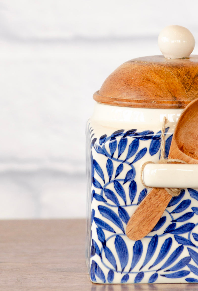 Hand Painted Canister w Lid & Spoon