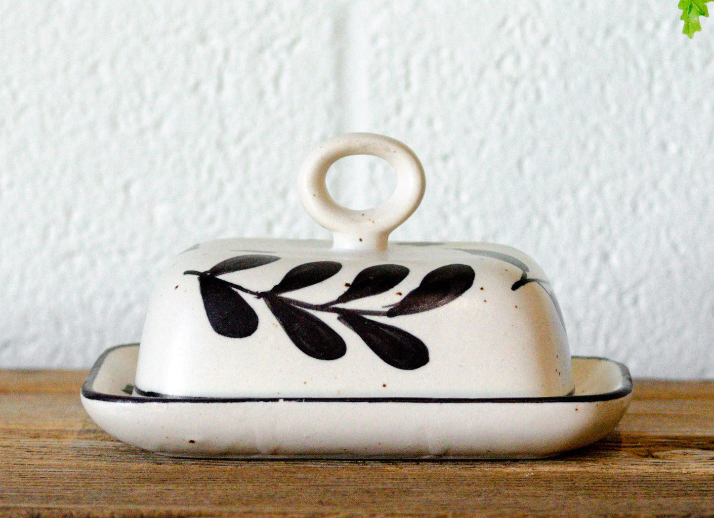 Hand-Painted Neutral Floral Stoneware Butter Dish