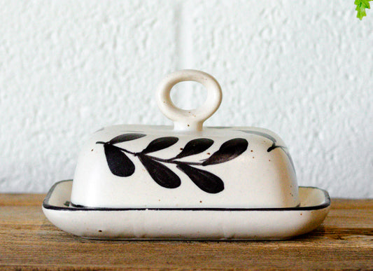 Hand-Painted Neutral Floral Stoneware Butter Dish