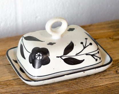 Hand-Painted Neutral Floral Stoneware Butter Dish