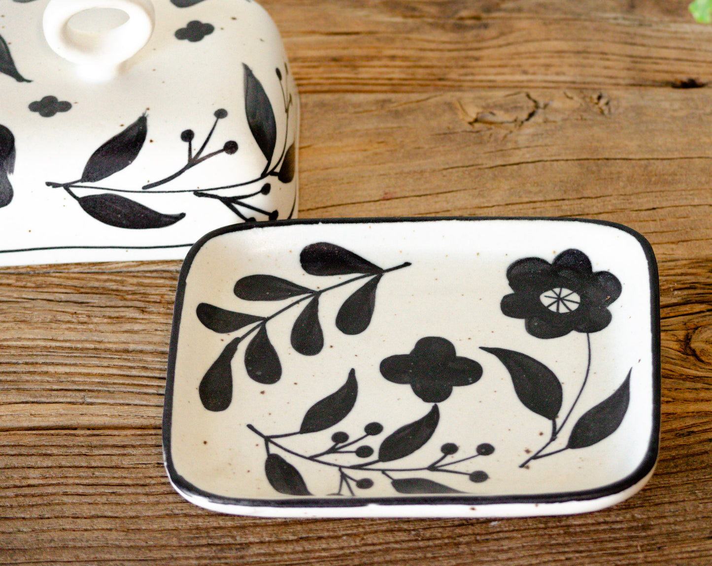 Hand-Painted Neutral Floral Stoneware Butter Dish