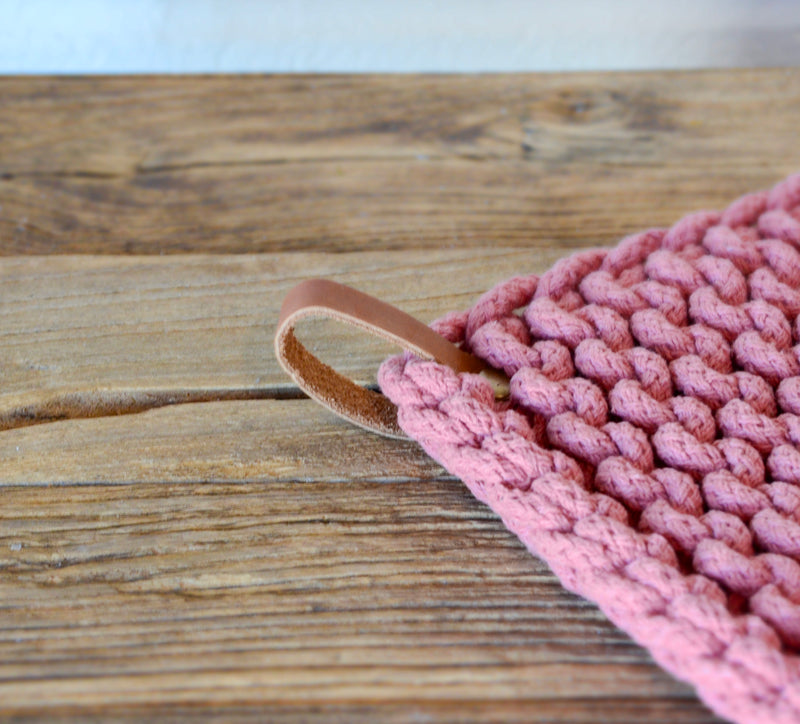 Crocheted Pot Holder w/ Leather Tie