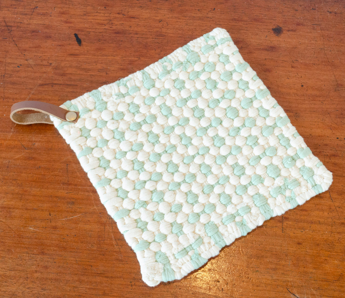 Checkered Crocheted Pot Holder w/ Leather Tie