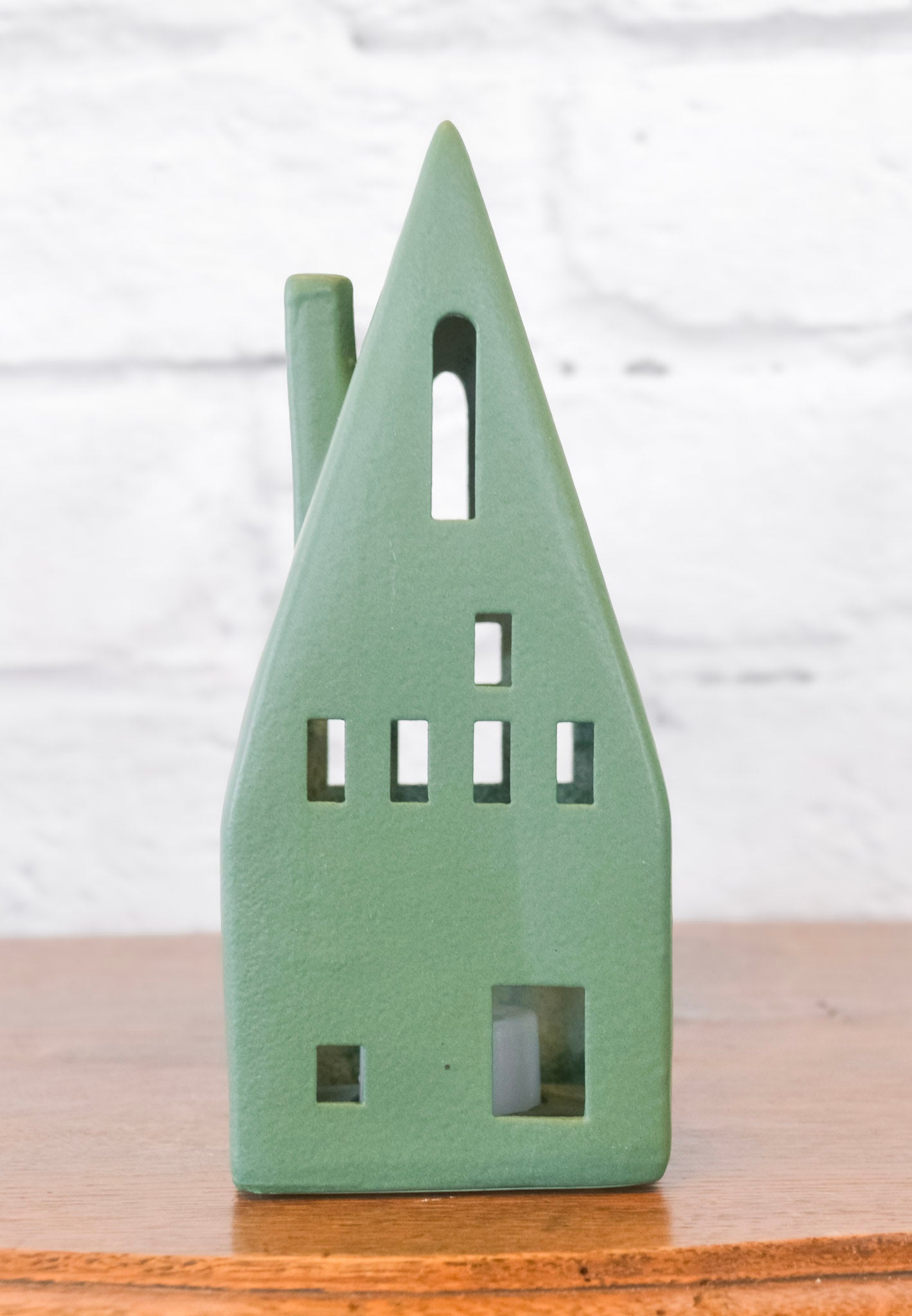 Olive Green Ceramic House w/ Lights