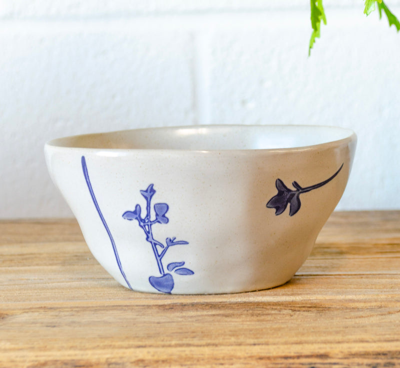 Blue Floral Stamped Stoneware Bowl