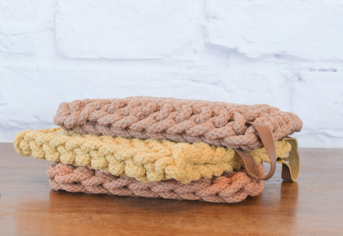Fall Crocheted Pot Holders w/ Leather Tie