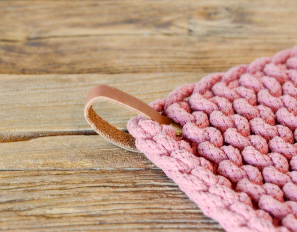 Crocheted Pot Holder w/ Leather Tie