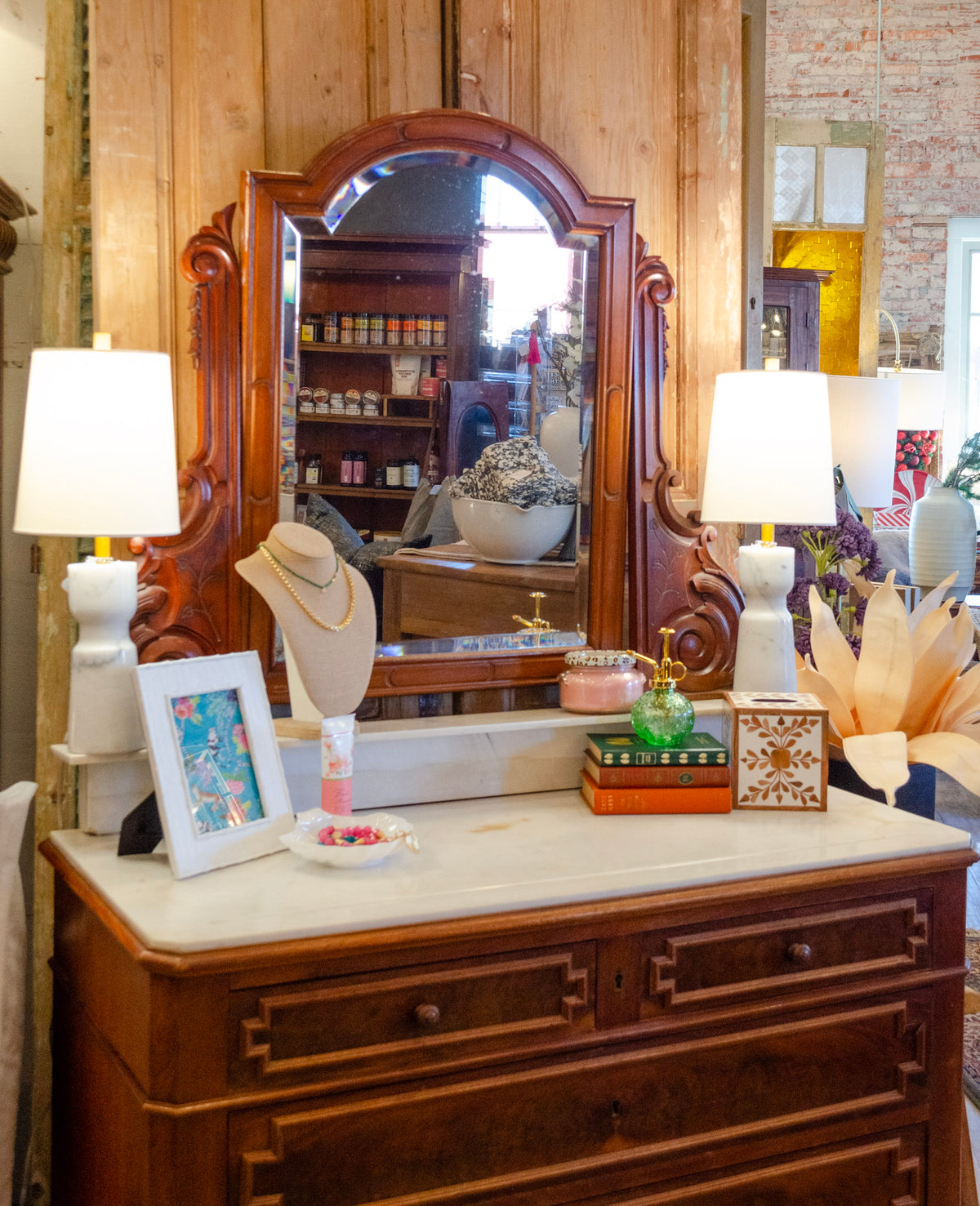 Marble Top Mirrored Mahogany Dressing Chest