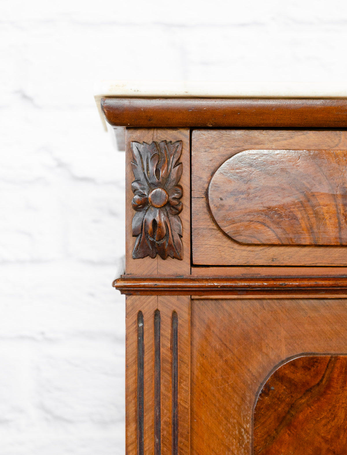 Henri II Style Marble Top Oak Side Cabinet