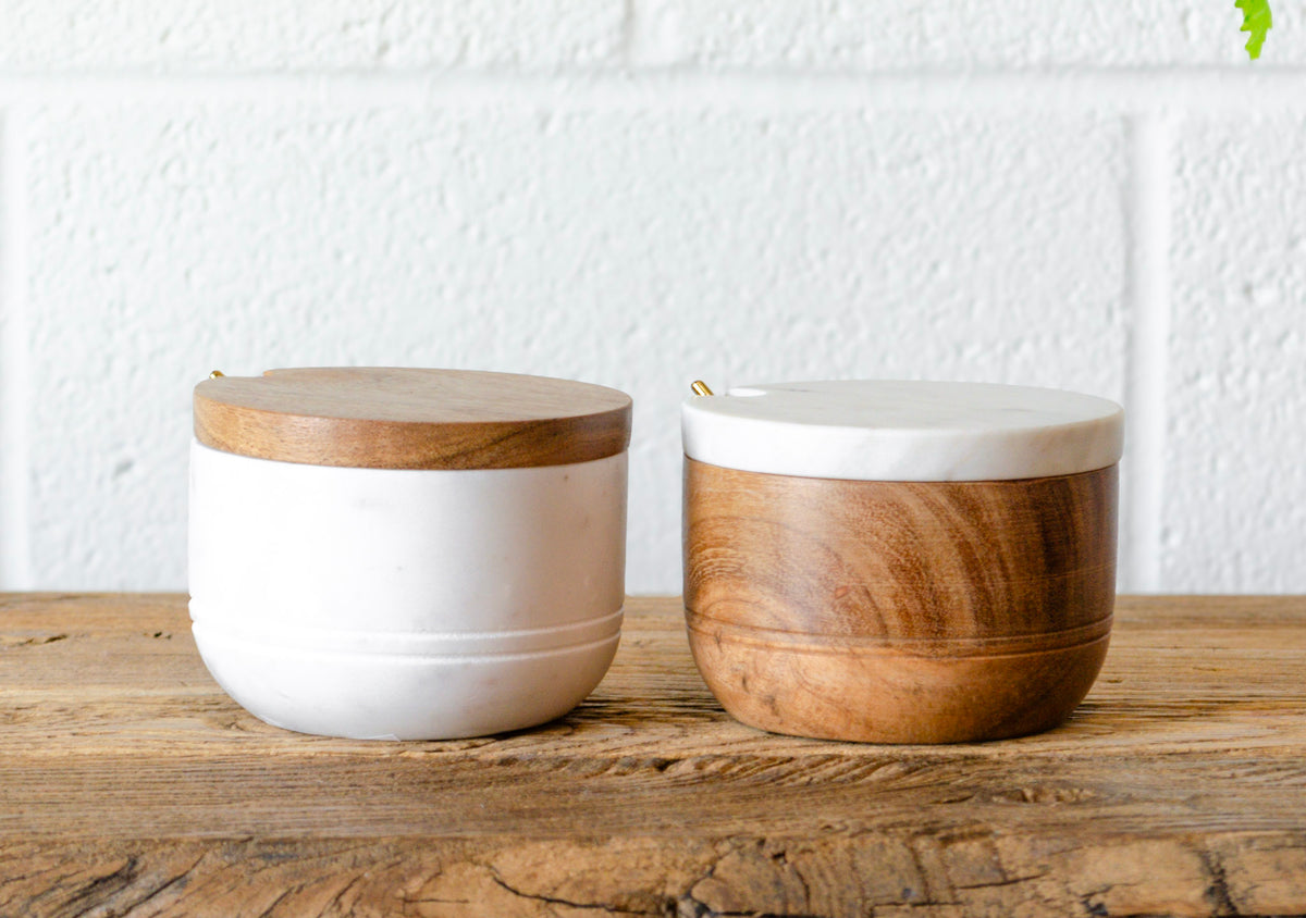 Marble & Acacia Lidded Bowl w/ Brass Spoon