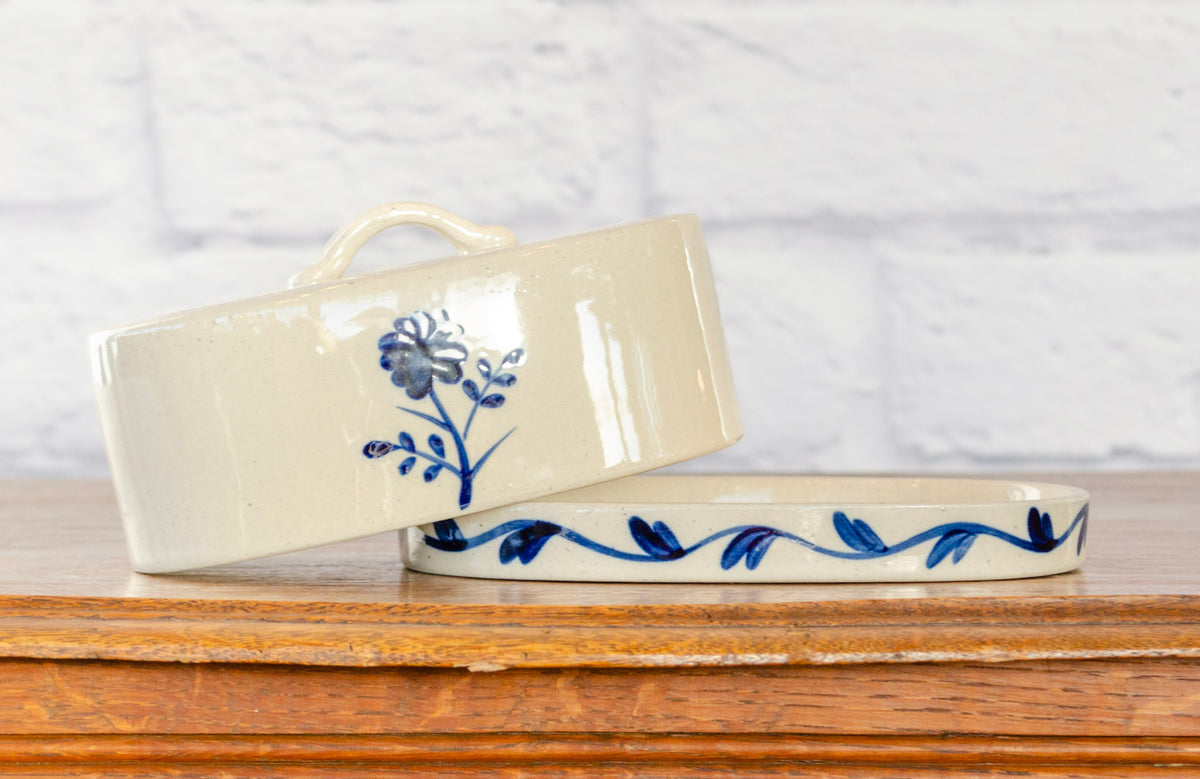 Hand-Painted Blue Floral Butter Dish