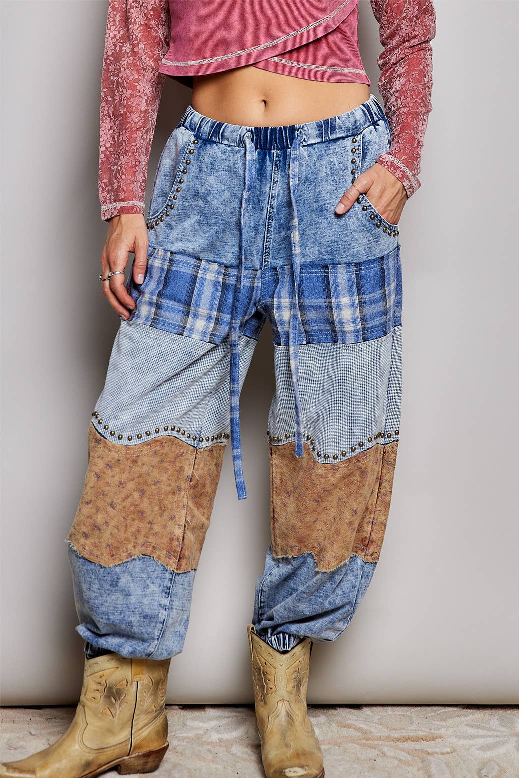 High Rise French Terry Plaid Floral Patch Jogger Pants