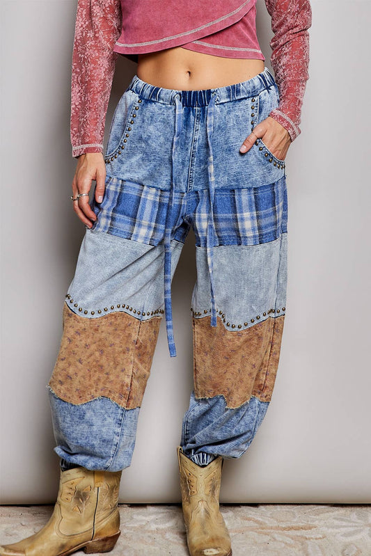 High Rise French Terry Plaid Floral Patch Jogger Pants