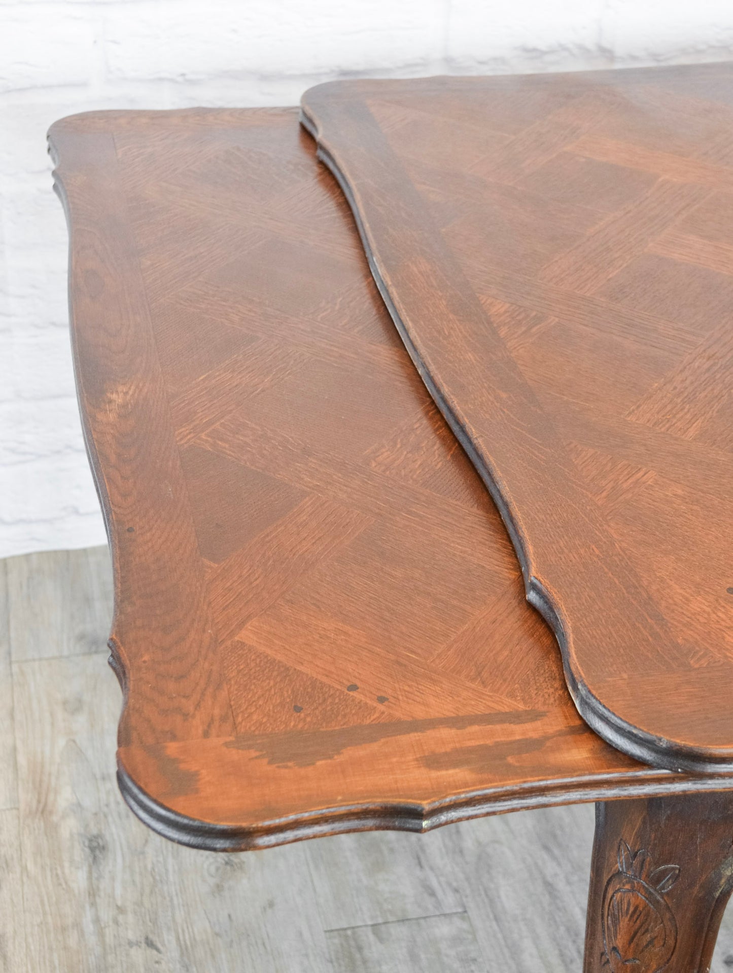 Louis XV Style Oak Parquet Top Draw Leaf Table