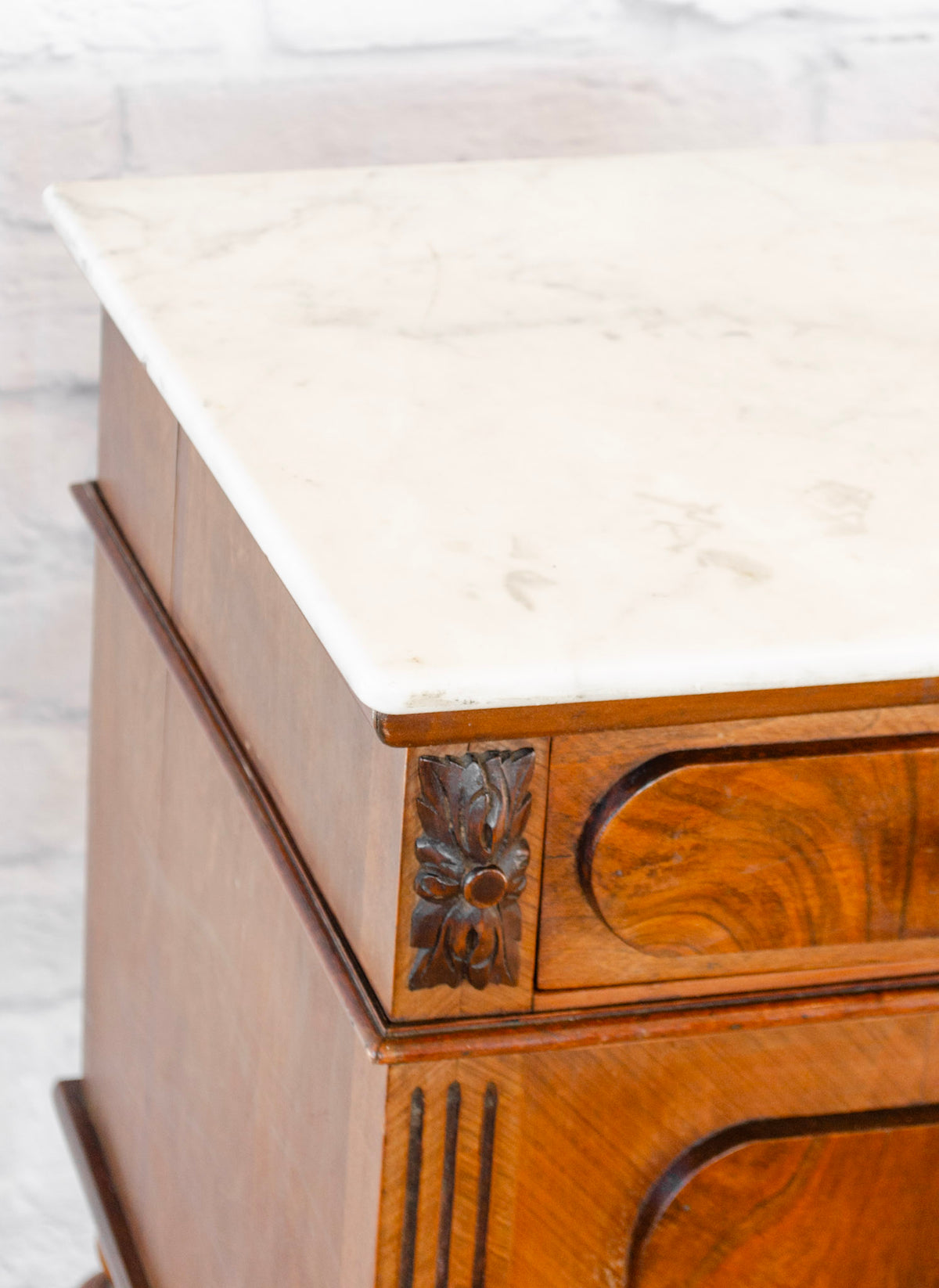 Henri II Style Marble Top Oak Side Cabinet