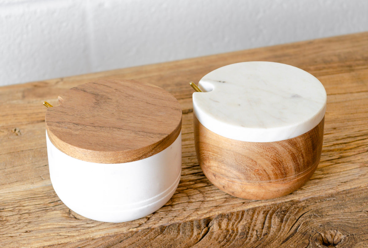 Marble & Acacia Lidded Bowl w/ Brass Spoon