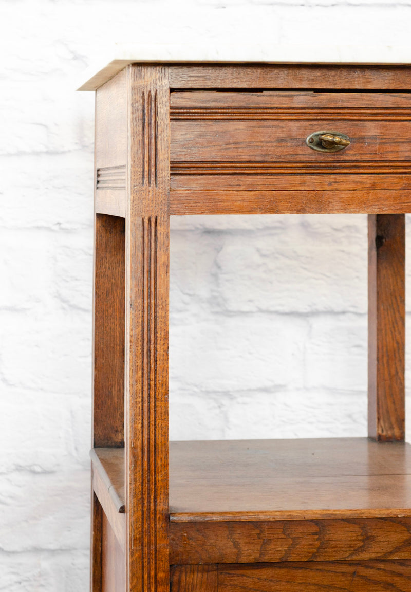 Henri IV Style White Marble Top Oak Side Cabinet