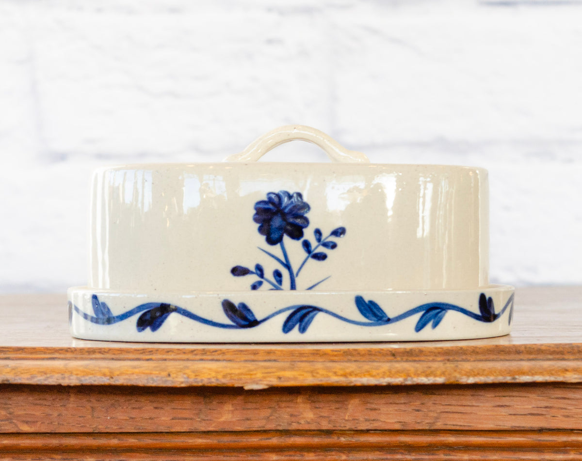 Hand-Painted Blue Floral Butter Dish