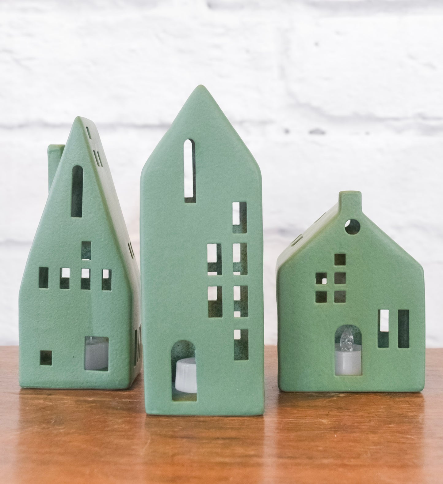 Olive Green Ceramic House w/ Lights