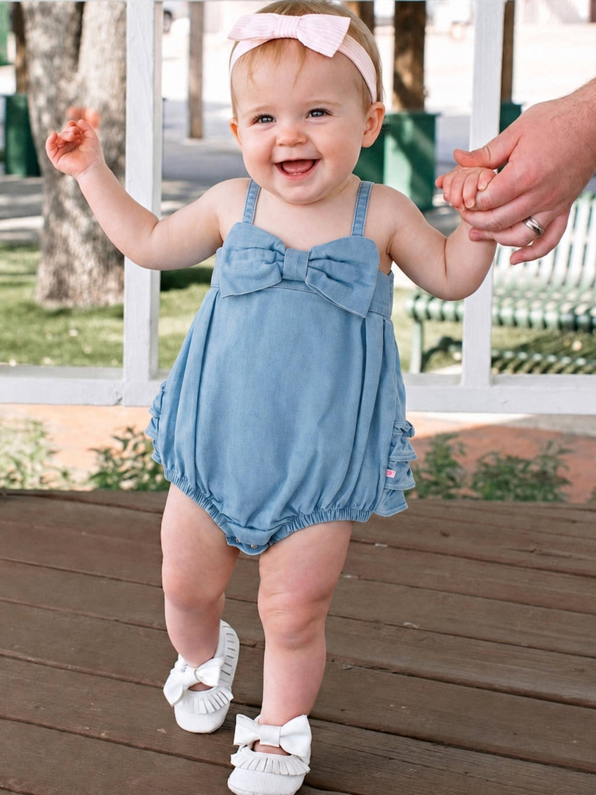 Baby Girls Light Wash Stretch Denim Bow Front Bubble Woven Romper
