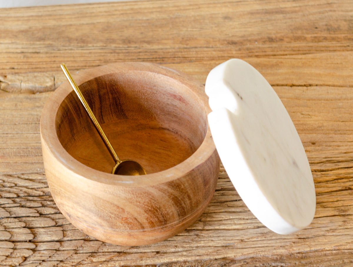 Marble & Acacia Lidded Bowl w/ Brass Spoon