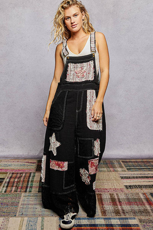 Double Gauze Lace Contrast Side Zipper Patchwork Overalls