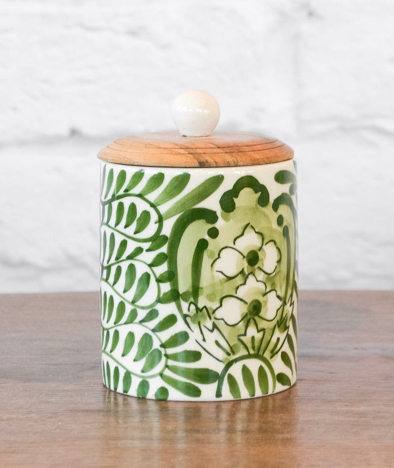 Hand-Painted Green & White Stoneware Canister
