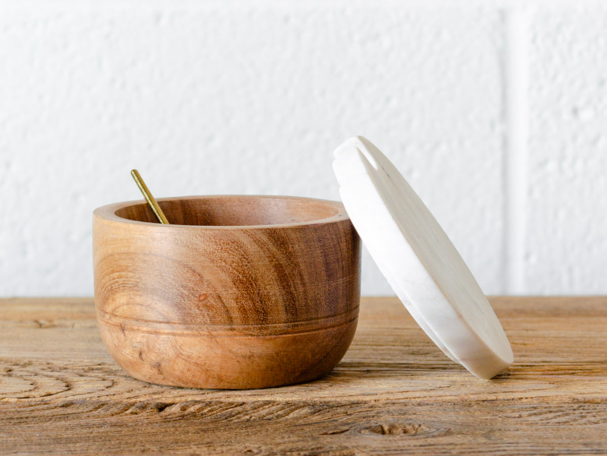 Marble & Acacia Lidded Bowl w/ Brass Spoon