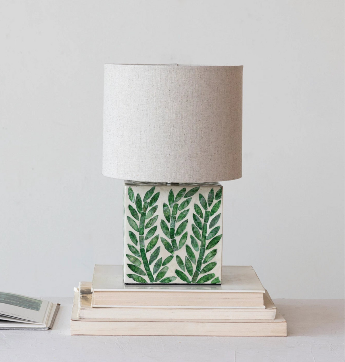 Mother of Pearl Cream & Green Botanical Lamp