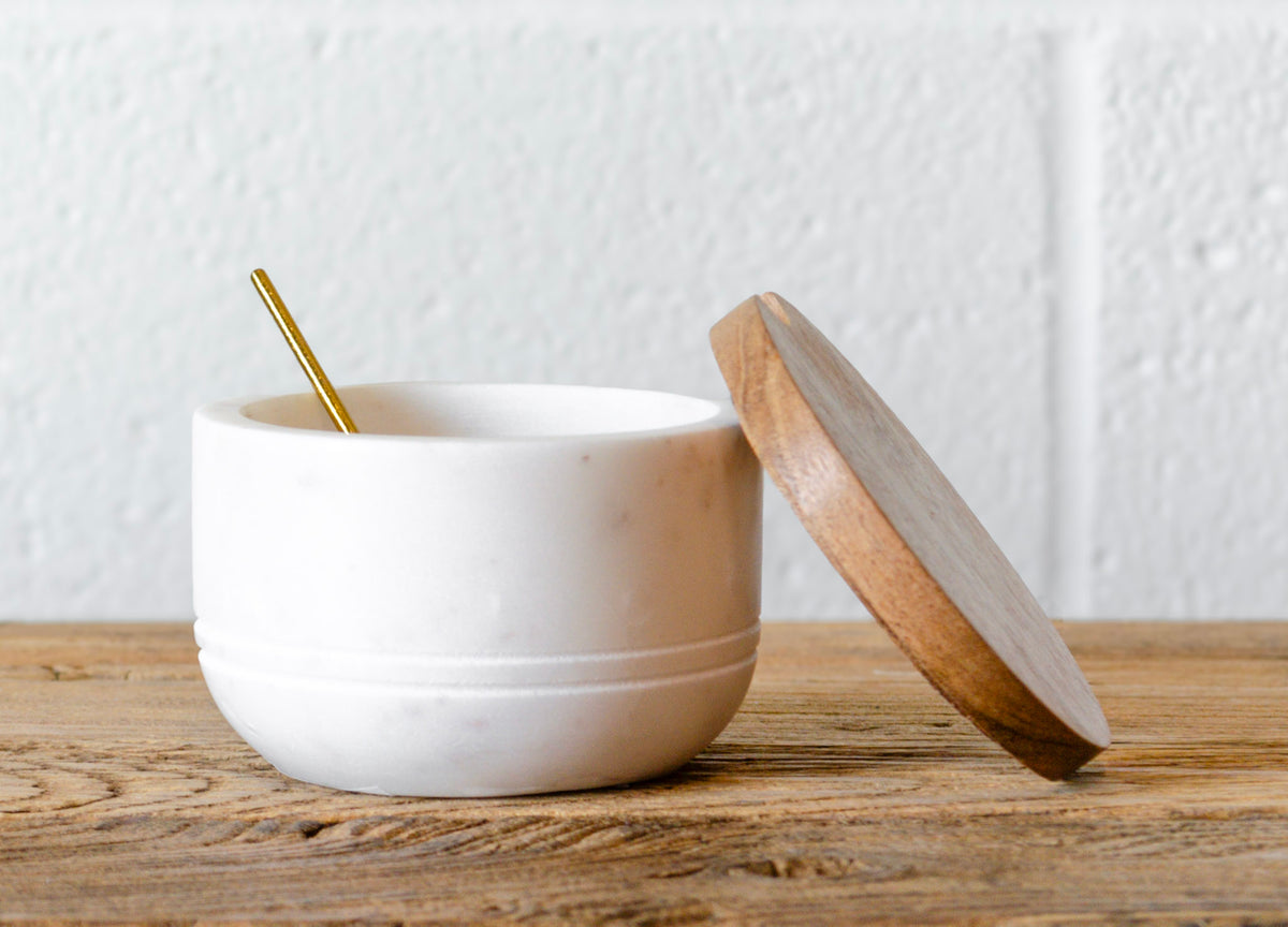 Marble & Acacia Lidded Bowl w/ Brass Spoon