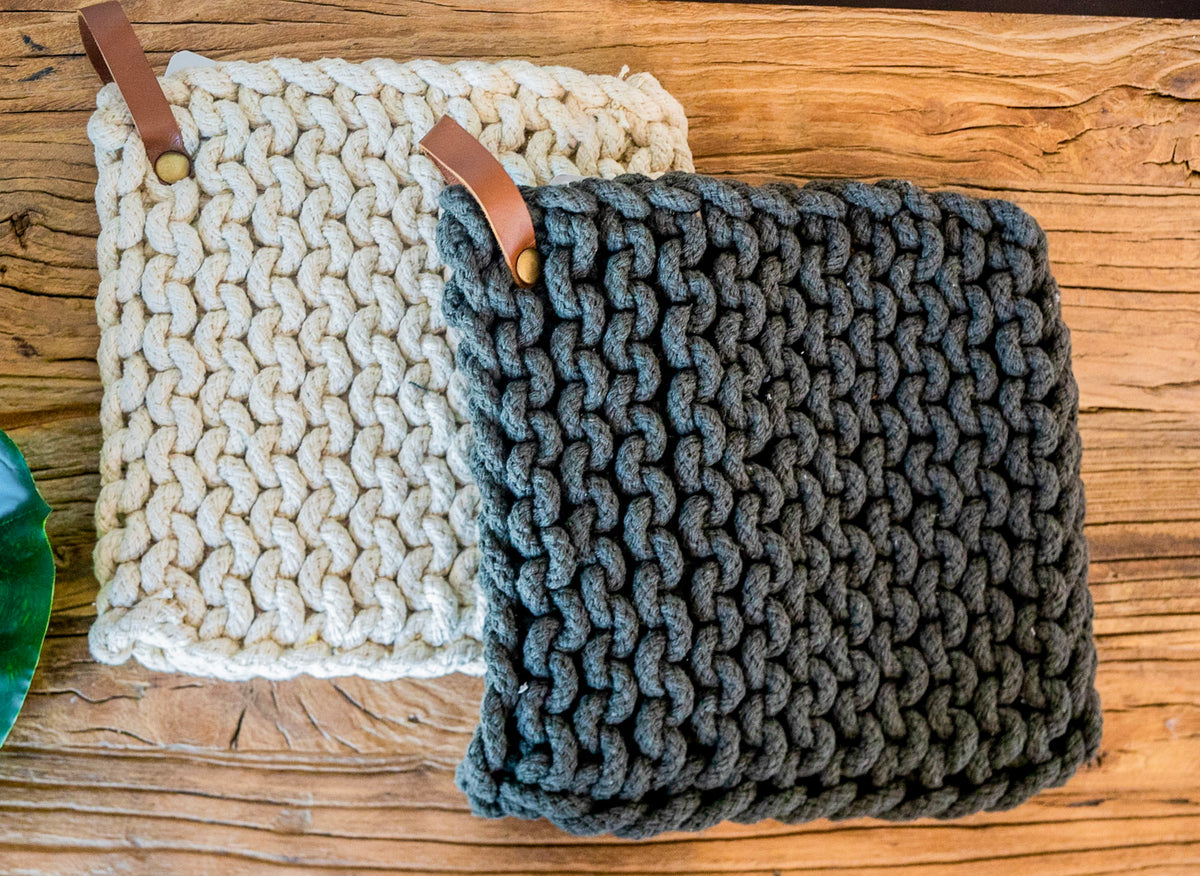 Crocheted Pot Holder w/ Leather Tie