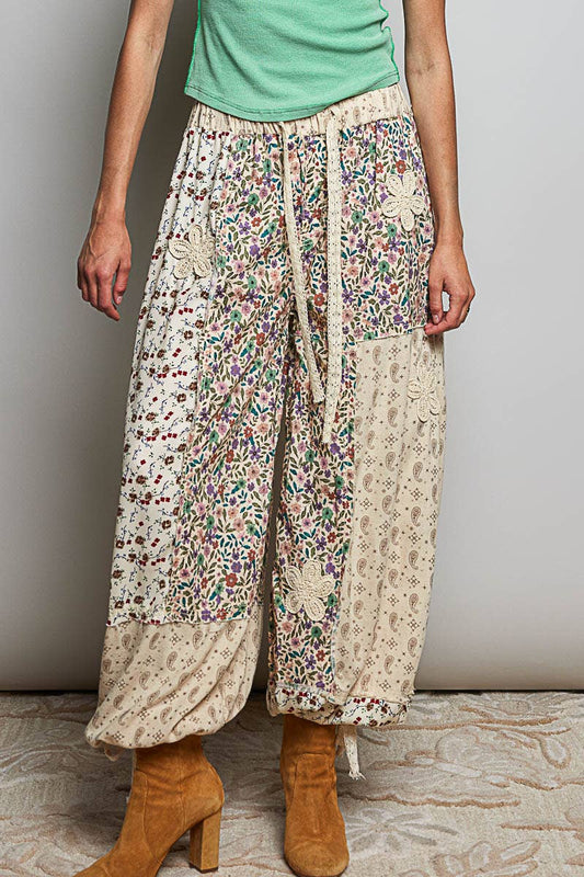 Crochet Patch Detail Contrast Patchwork Printed Woven Pants
