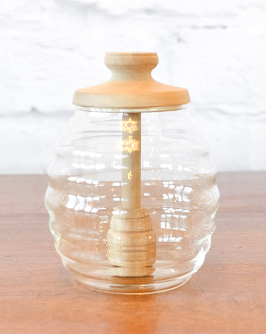 Glass Honey Pot w/ Acacia Dipper Lid