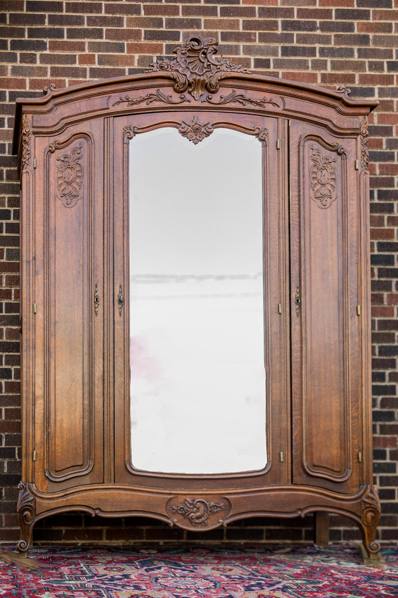 Louis XV Style Beveled Mirrored Oak Armoire