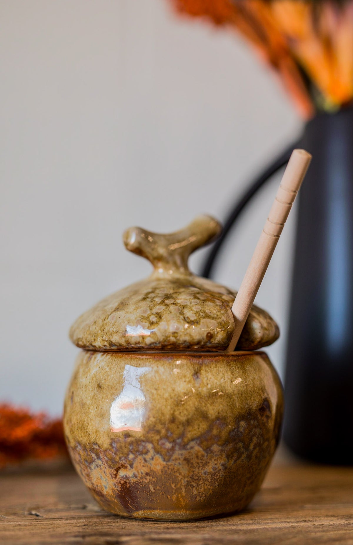 Reactive Glaze Stoneware Acorn Honey Pot