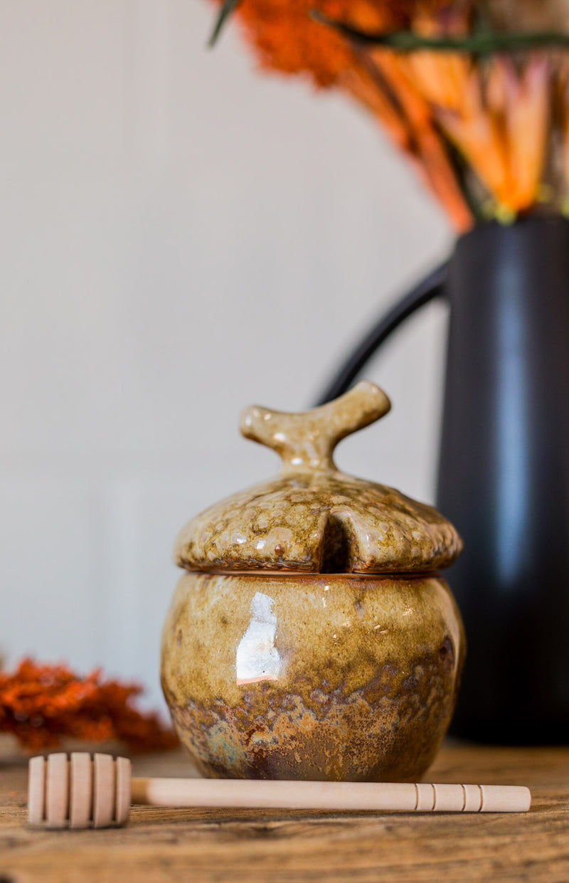 Reactive Glaze Stoneware Acorn Honey Pot