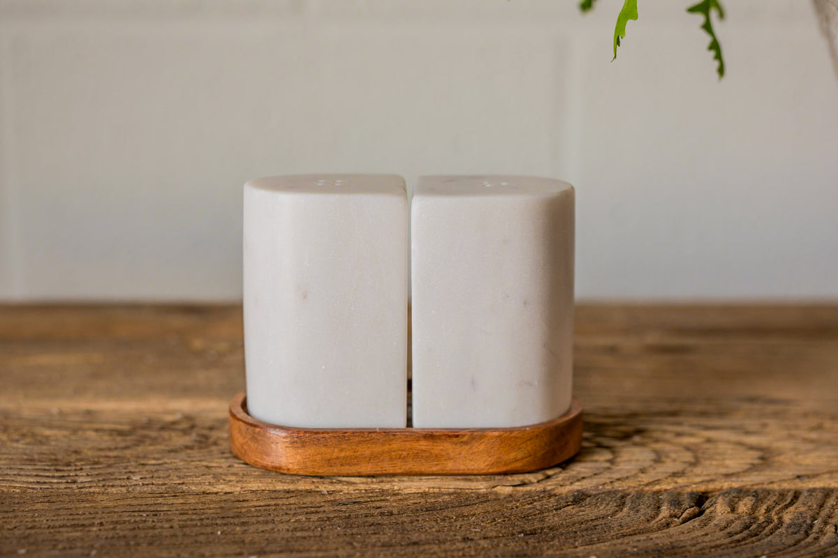 Marble Salt & Pepper Shakers on Acacia Tray