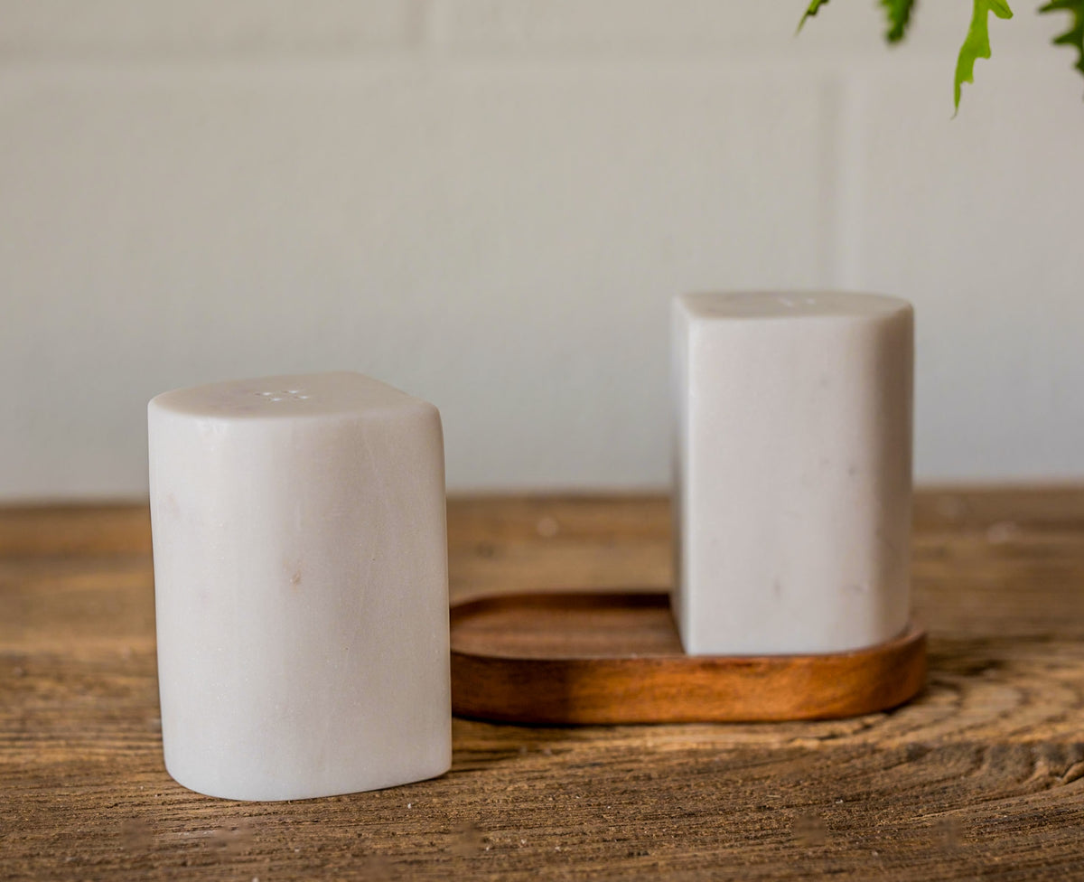 Marble Salt & Pepper Shakers on Acacia Tray