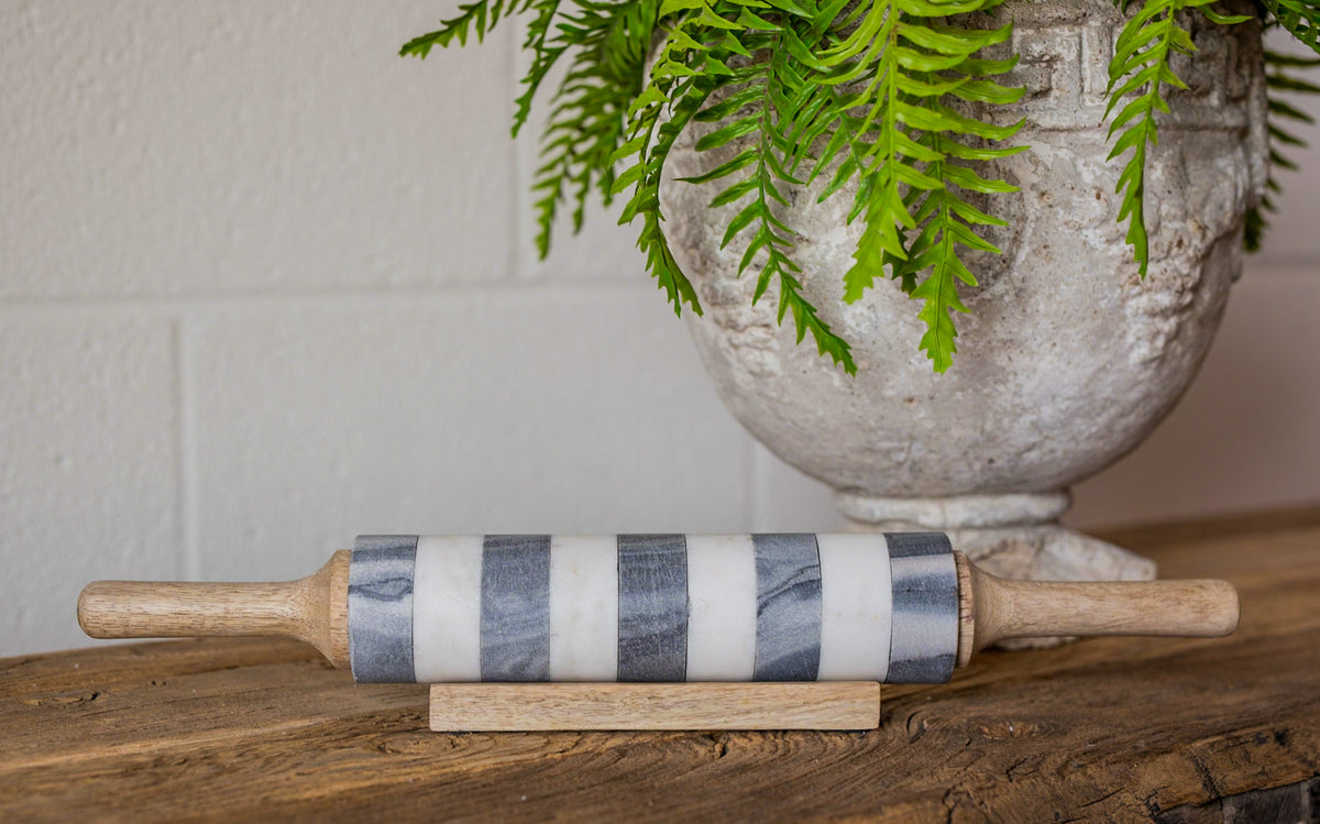 Striped Marble Rolling Pin w/ Mango Wood Stand