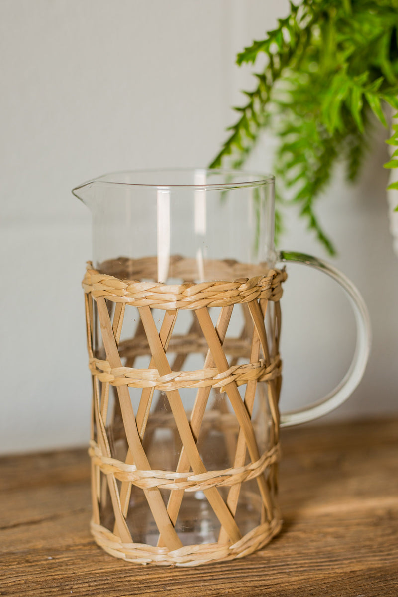 Clear Glass Pitcher w/ Woven Cane Sleeve