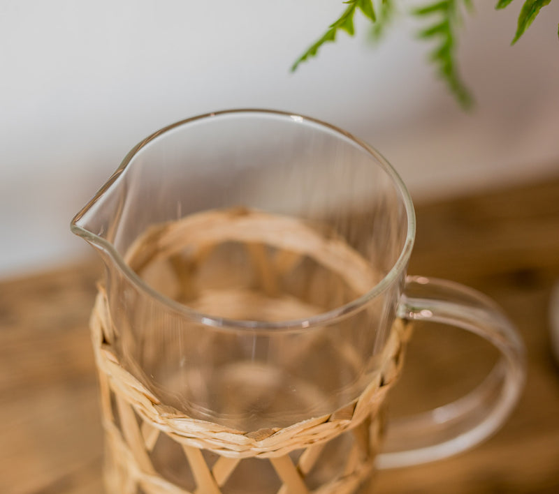 Clear Glass Pitcher w/ Woven Cane Sleeve
