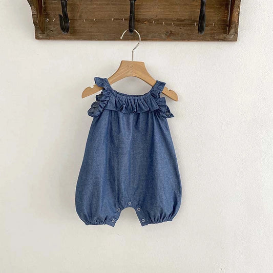Baby Girl Ruffle Denim Sleeveless Strap Bodysuit