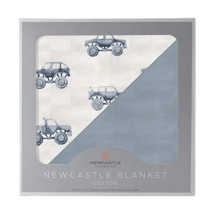 Indigo Monster Trucks and Blue Fog Cotton Newcastle Blanket