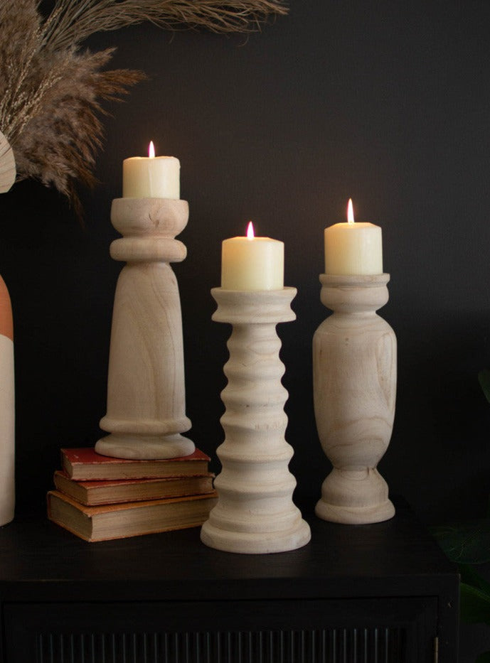 Chunky Turned Wood Pillar Candle Holder