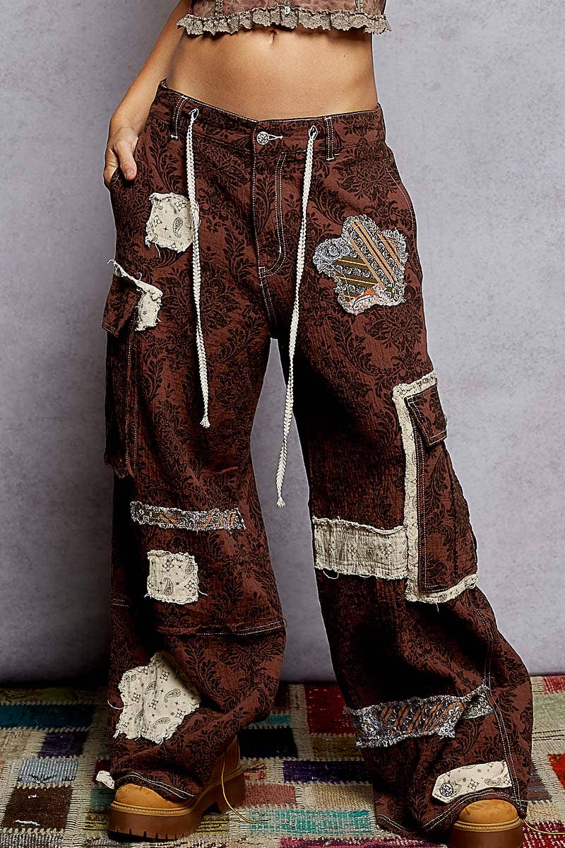 Contrast patches printed straight woven twill pants