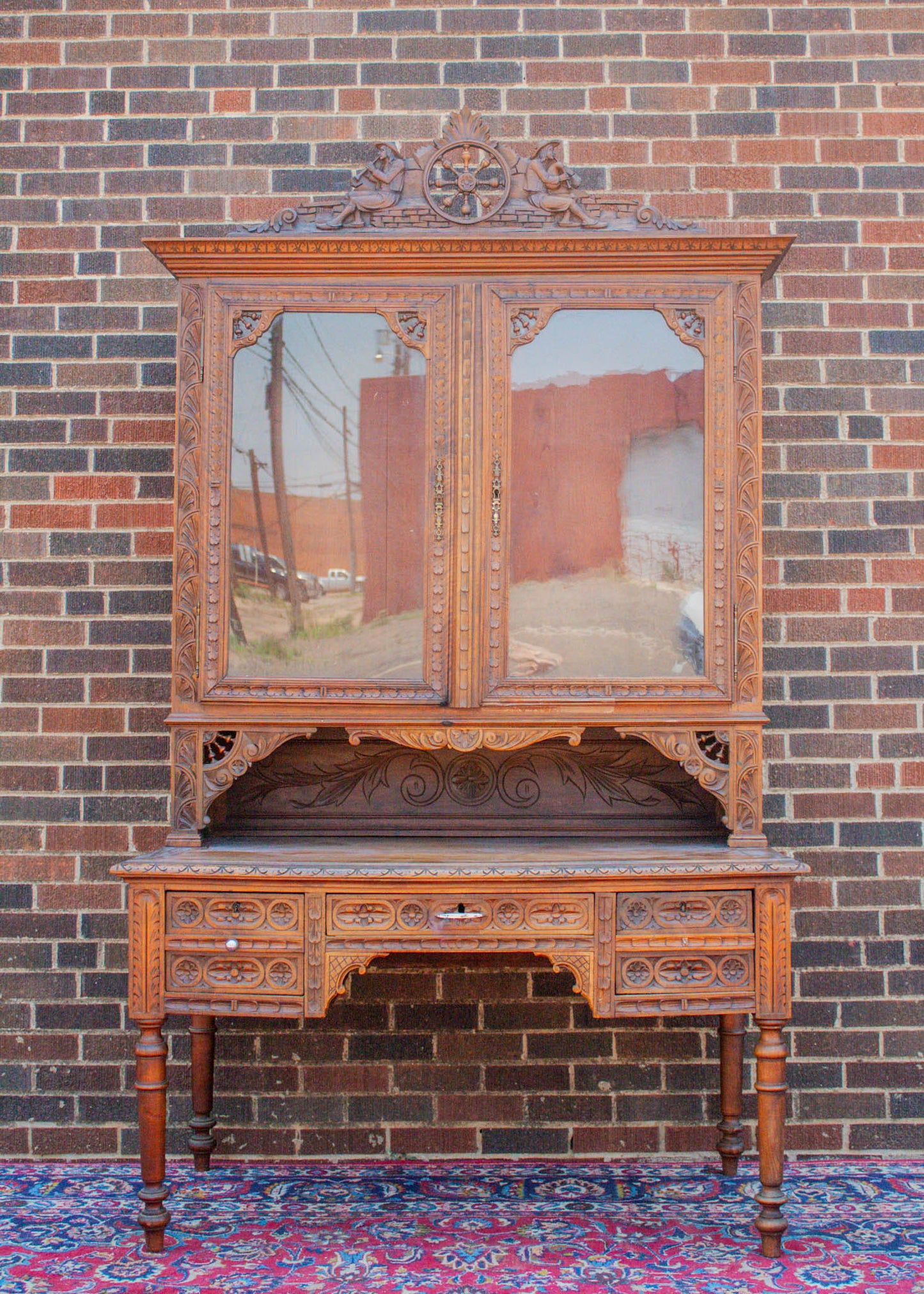 French Breton Figural Carved Oak Desk