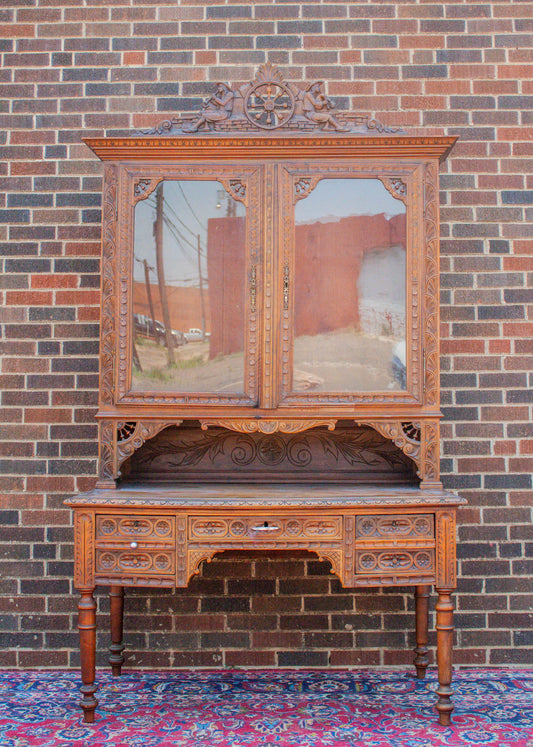 French Breton Figural Carved Oak Desk