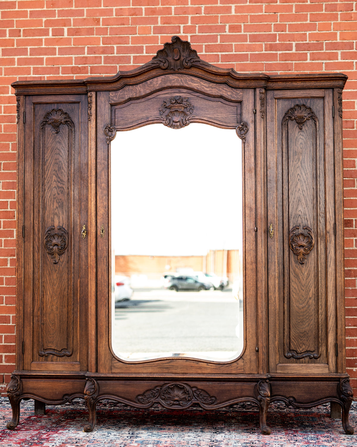 Fine Louis XV Style Beveled Mirrored Oak Armoire