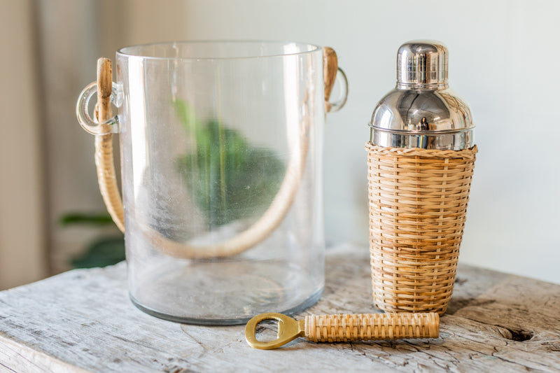 Glass Ice Bucket with Bamboo Wrapped Handle